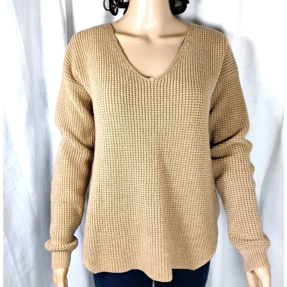 Wilfred Free Tan Merino Wool Oversized V Neck Ribbed Knit Sweater Minimalist S